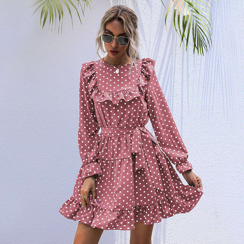 Long-sleeved Polka Dot Ruffled Dress