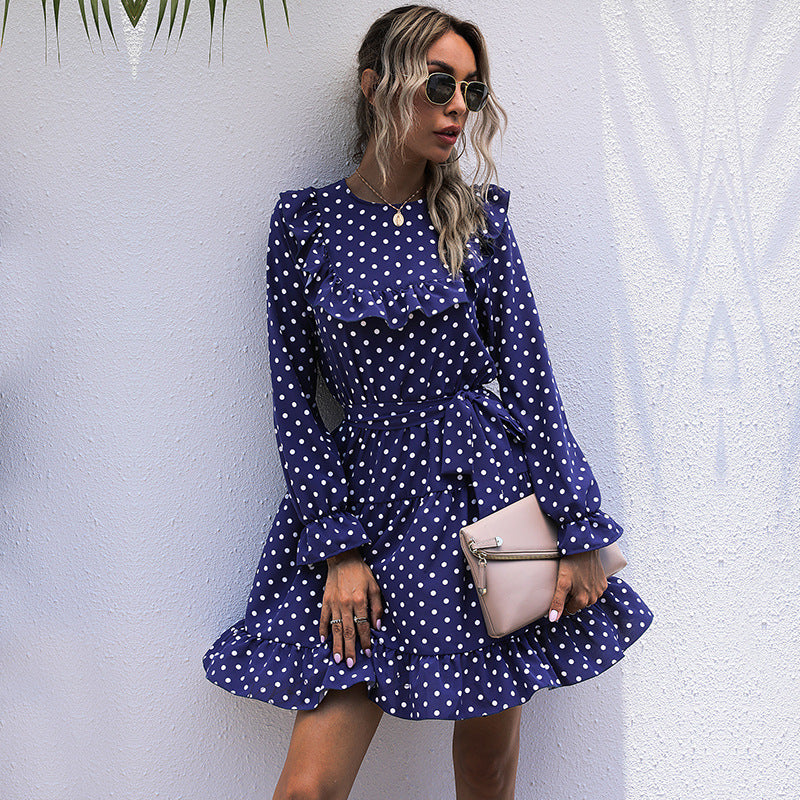 Long-sleeved Polka Dot Ruffled Dress