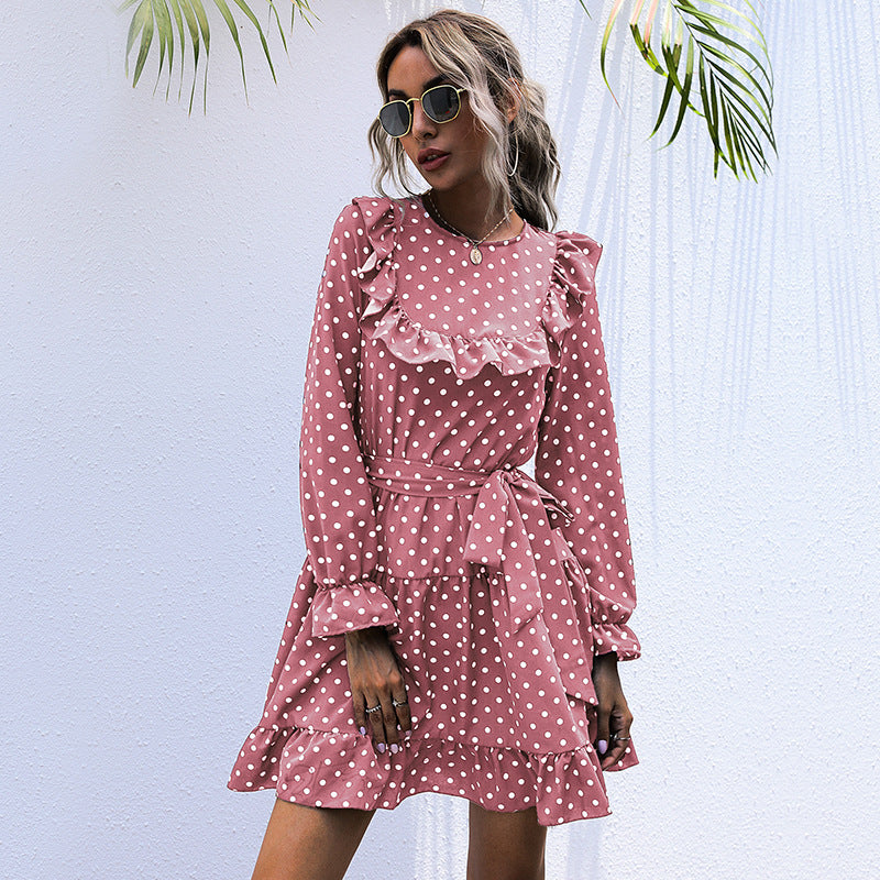 Long-sleeved Polka Dot Ruffled Dress